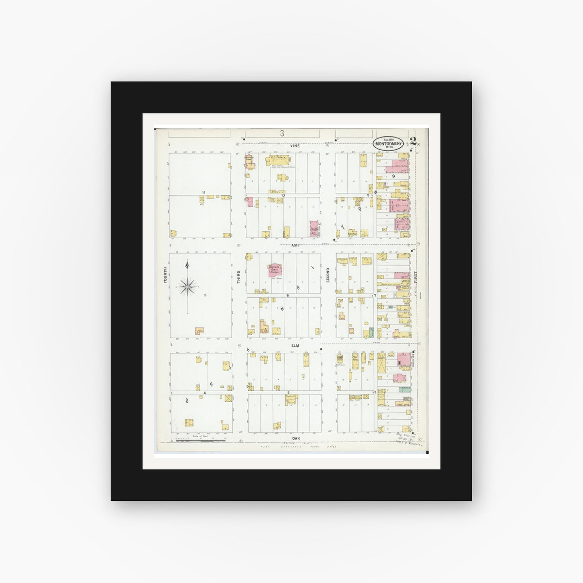 Old map wall art mockup — black gallery frame with white mat — Sanborn Fire Insurance Map from Montgomery, Le Sueur  County, Minnesota (1899), Sheet #0002