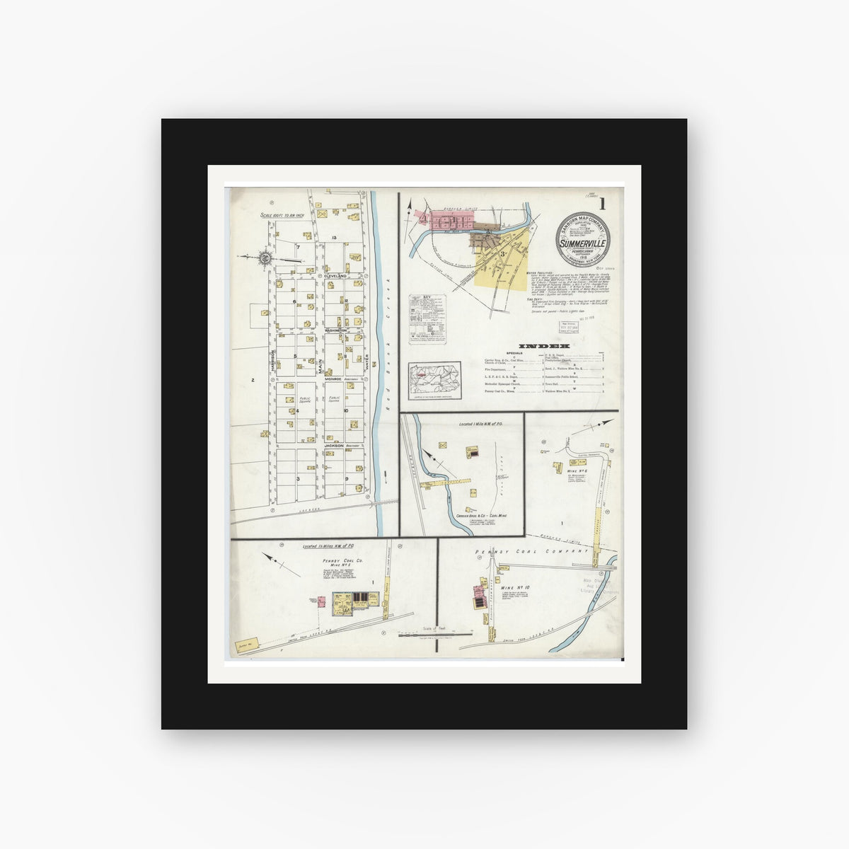 Old map wall art mockup — black gallery frame with white mat — Sanborn Fire Insurance Map from Summerville, Jefferson County, Pennsylvania (1918) - Complete Map Set