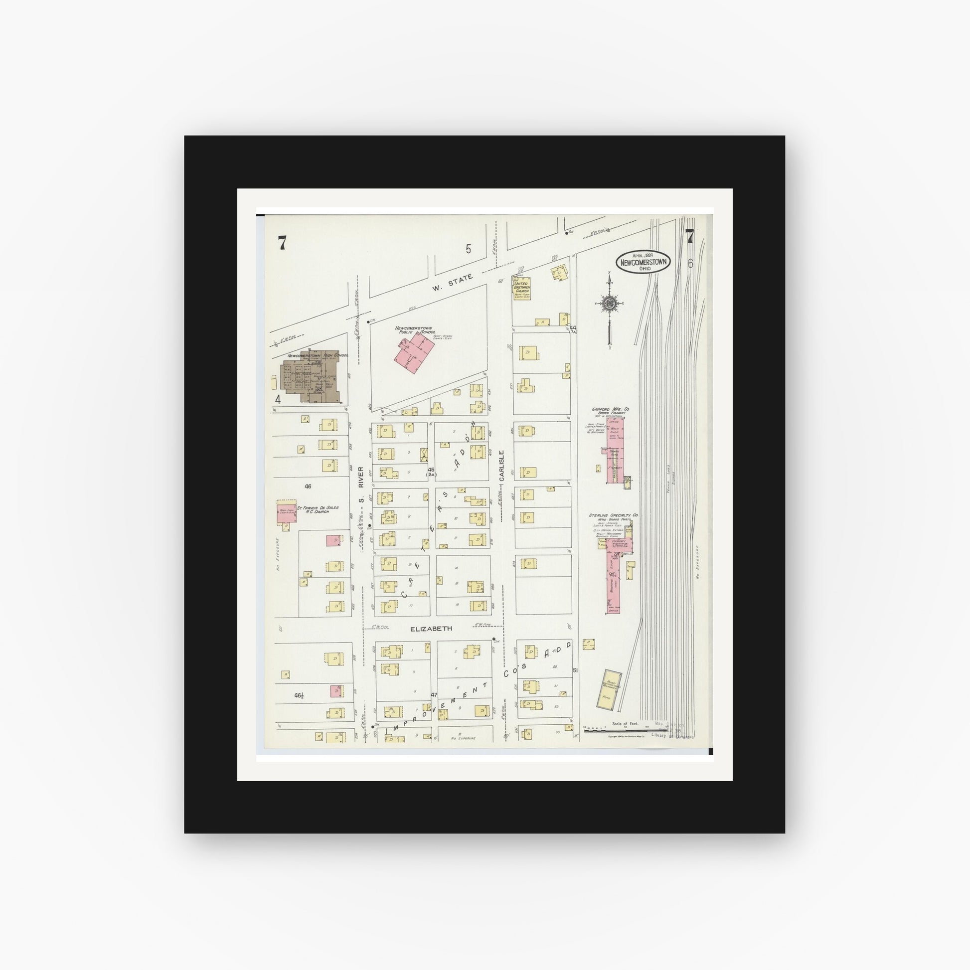 Old map wall art mockup — black gallery frame with white mat — Sanborn Fire Insurance Map from Newcomerstown, Tuscarawas County, Ohio (1924), Sheet #0007