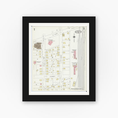 Old map wall art mockup — black gallery frame with white mat — Sanborn Fire Insurance Map from Newcomerstown, Tuscarawas County, Ohio (1924), Sheet #0007