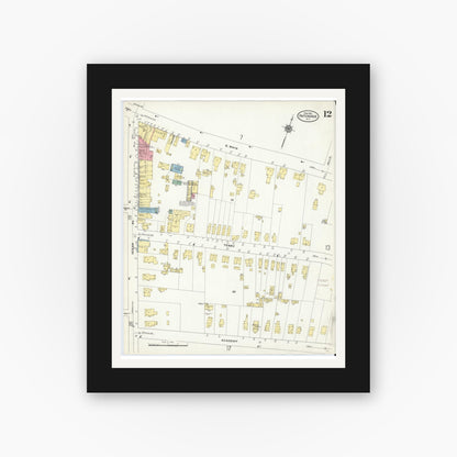 Old map wall art mockup — black gallery frame with white mat — Sanborn Fire Insurance Map from Patchogue, Suffolk County, New York (1910), Sheet #0012
