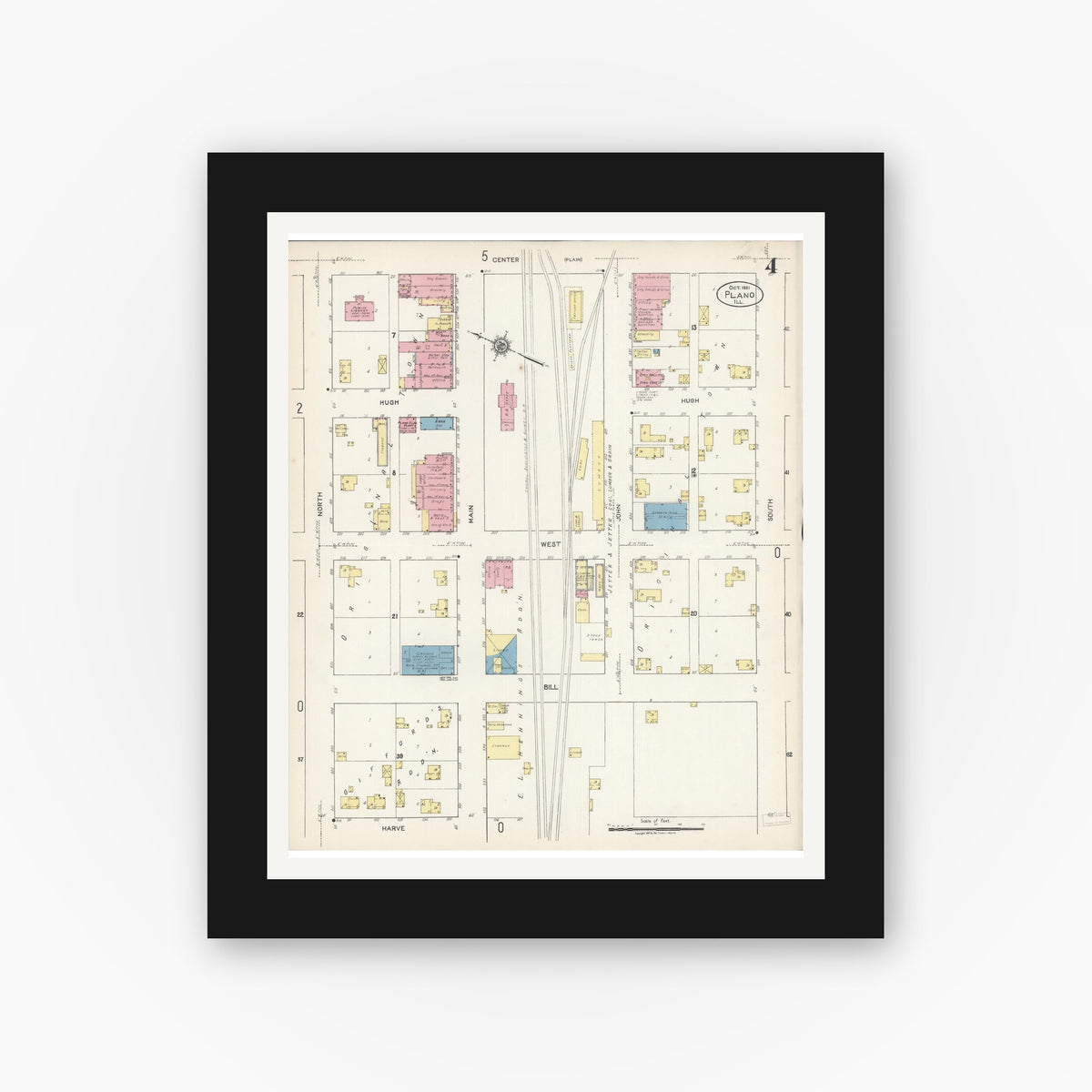 Old map wall art mockup — black gallery frame with white mat — Sanborn Fire Insurance Map from Plano, Kendall County, Illinois (1921), Sheet #0004