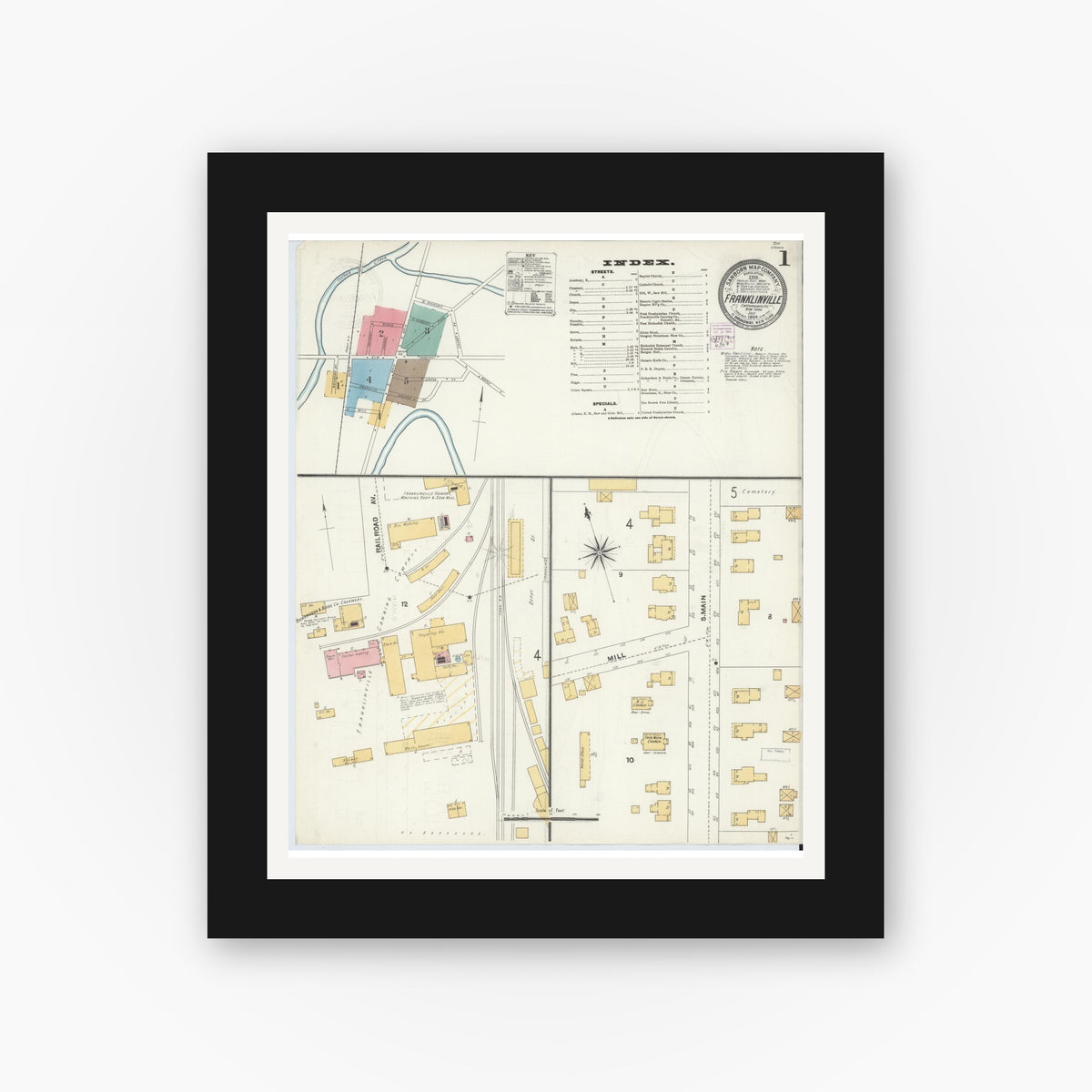 Old map wall art mockup — black gallery frame with white mat — Sanborn Fire Insurance Map from Franklinville, Cattaraugus County, New York (1904), Sheet #0001