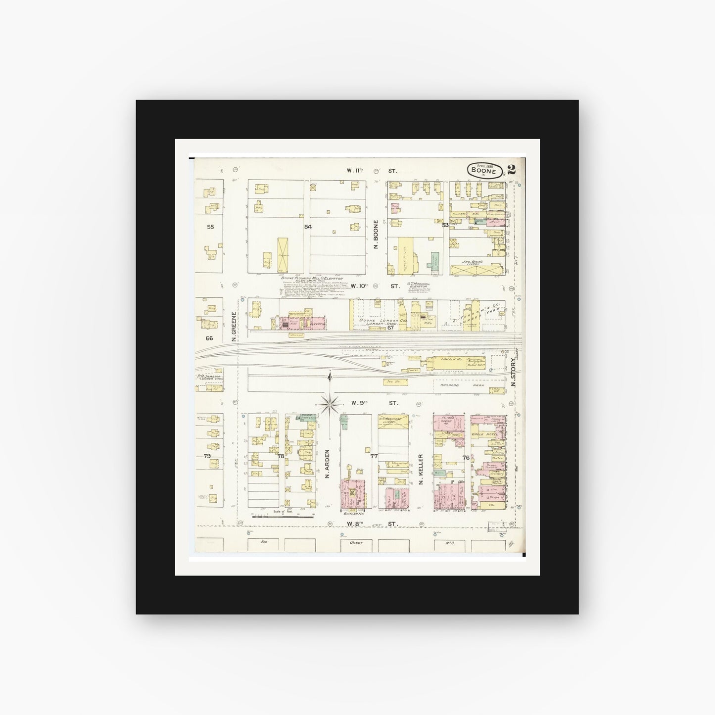 Old map wall art mockup — black gallery frame with white mat — Sanborn Fire Insurance Map from Boone, Boone County, Iowa (1888), Sheet #0002