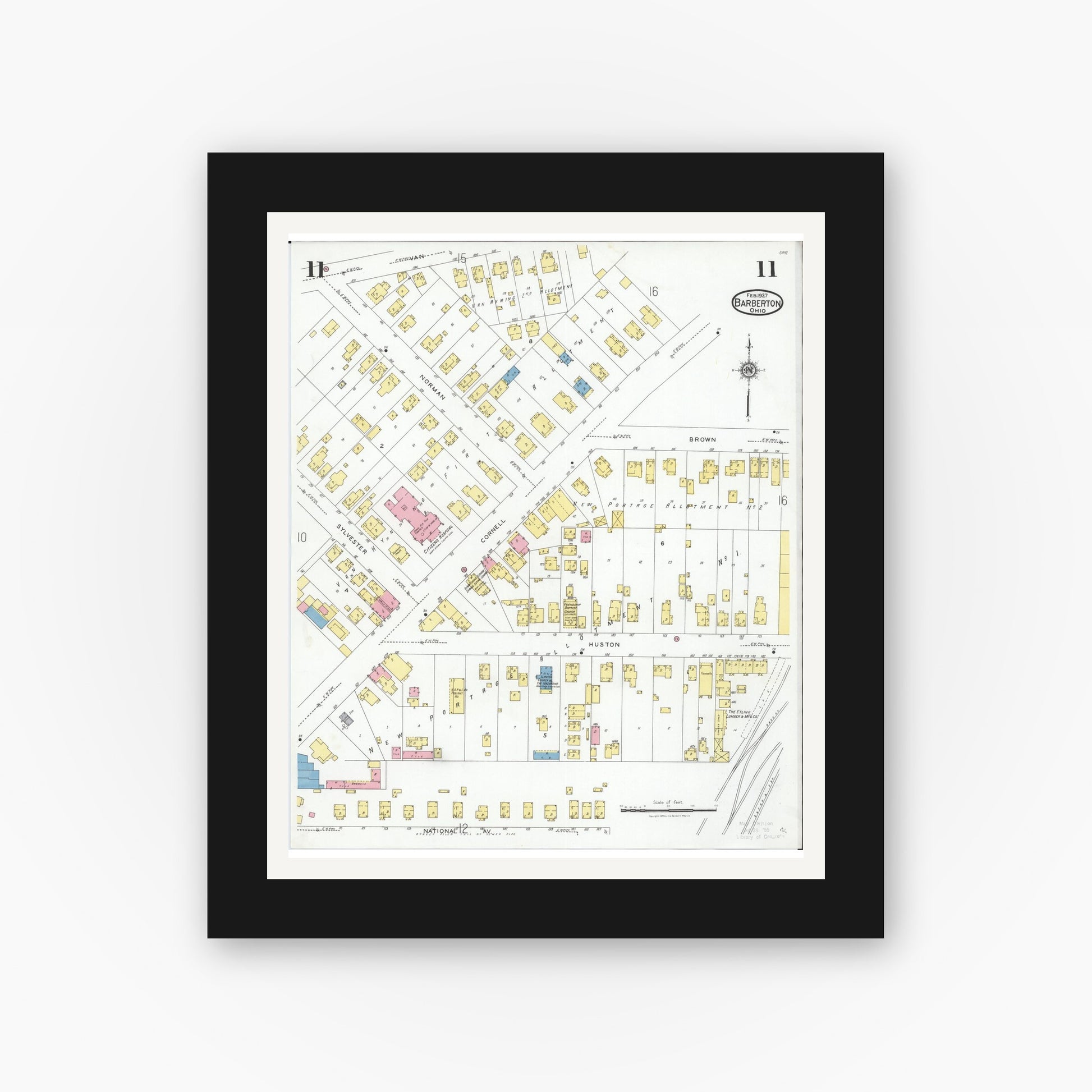 Old map wall art mockup — black gallery frame with white mat — Sanborn Fire Insurance Map from Barberton, Summit County, Ohio (1927), Sheet #0011