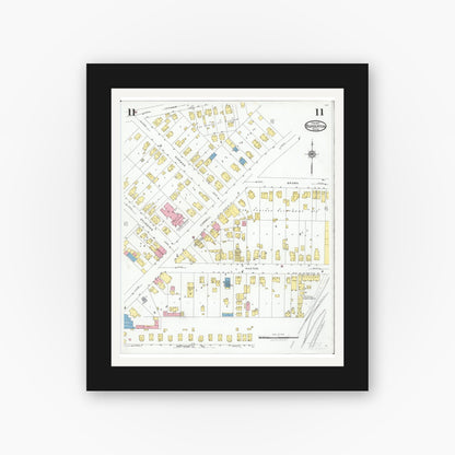 Old map wall art mockup — black gallery frame with white mat — Sanborn Fire Insurance Map from Barberton, Summit County, Ohio (1927), Sheet #0011