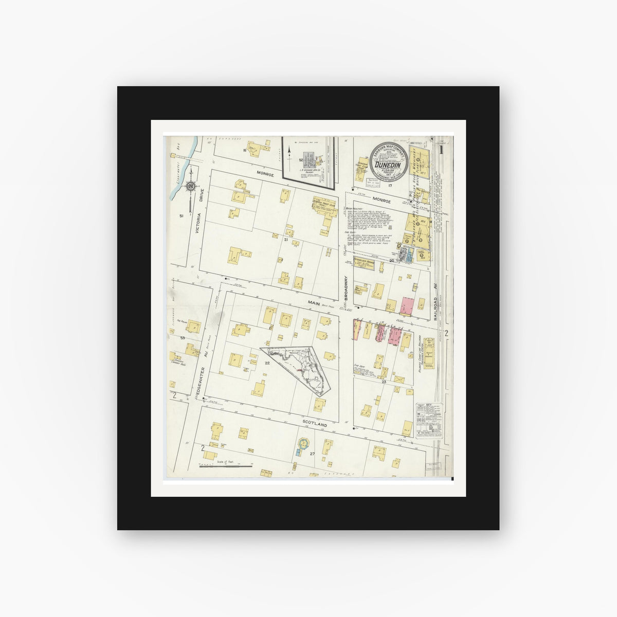 Old map wall art mockup — black gallery frame with white mat — Sanborn Fire Insurance Map from Dunedin, Pinellas County, Florida (1917) - Complete Map Set