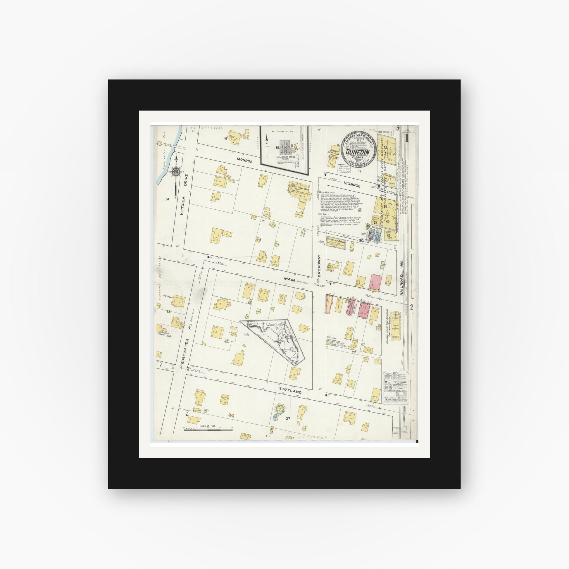 Old map wall art mockup — black gallery frame with white mat — Sanborn Fire Insurance Map from Dunedin, Pinellas County, Florida (1917) - Complete Map Set