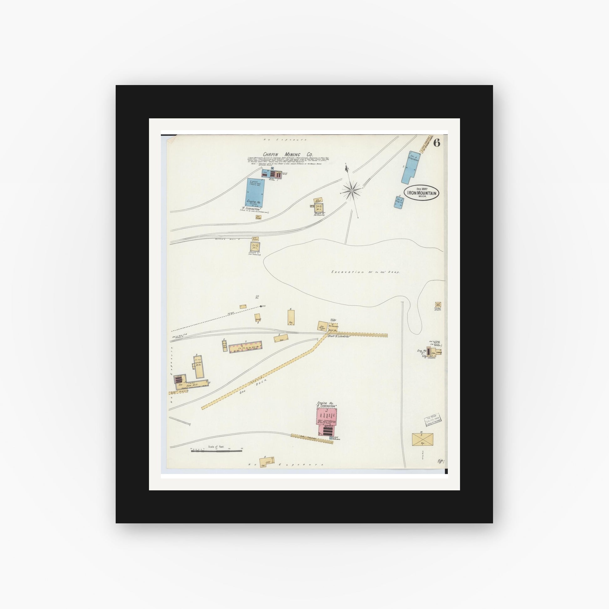Old map wall art mockup — black gallery frame with white mat — Sanborn Fire Insurance Map from Iron Mountain, Dickinson County, Michigan (1897), Sheet #0006