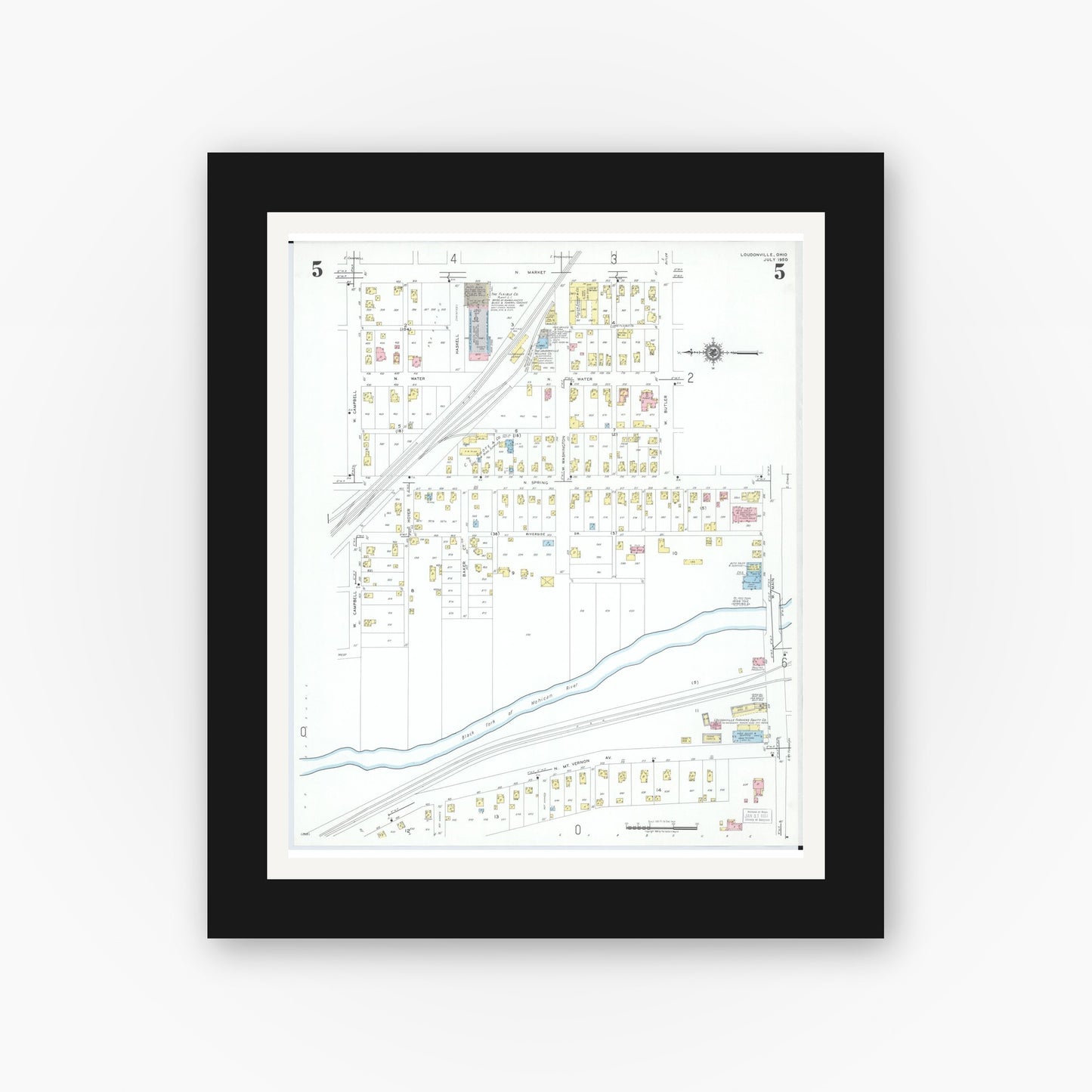 Old map wall art mockup — black gallery frame with white mat — Sanborn Fire Insurance Map from Loudonville, Ashland County, Ohio (1950), Sheet #0005