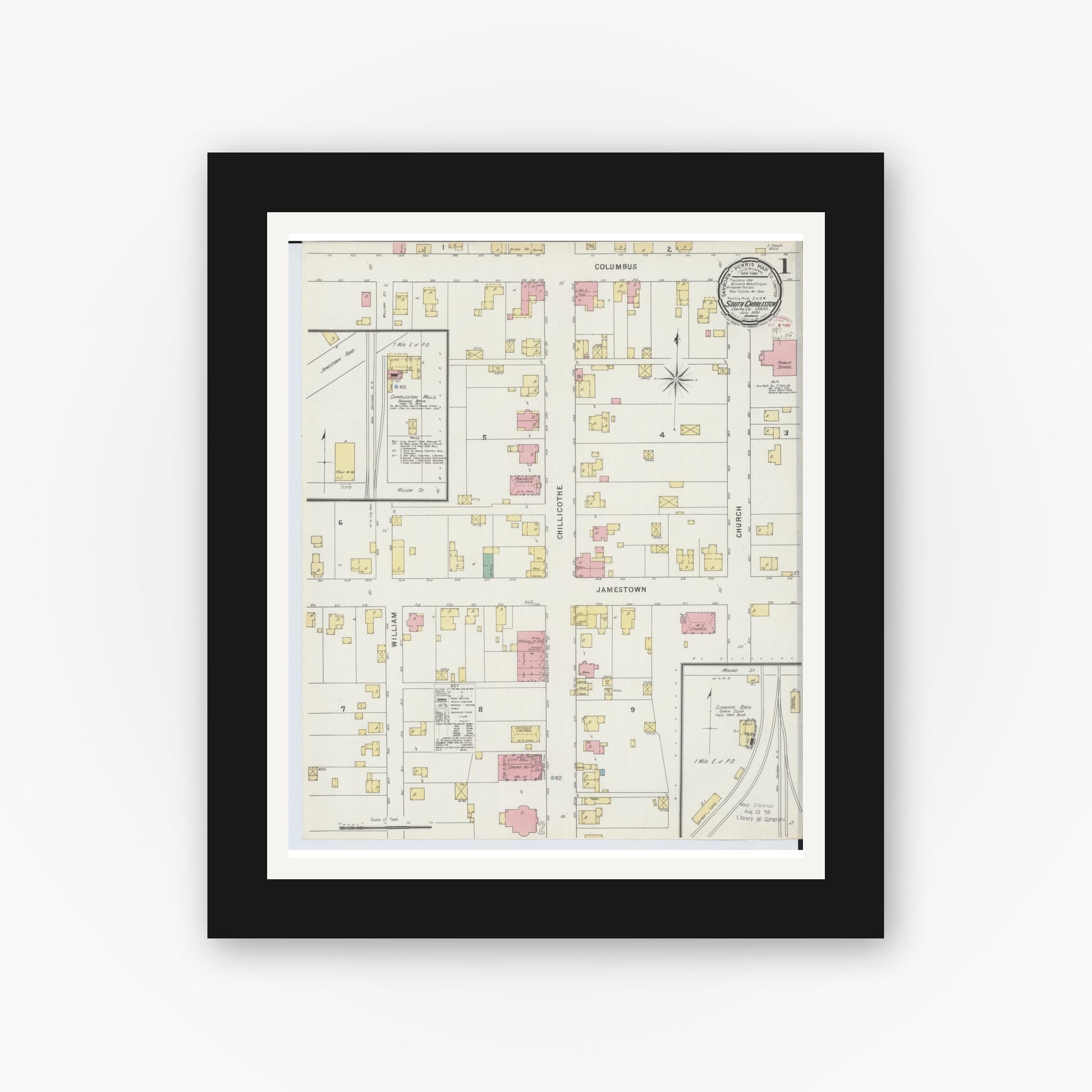 Old map wall art mockup — black gallery frame with white mat — Sanborn Fire Insurance Map from South Charleston, Clark County, Ohio (1895), Sheet #0001