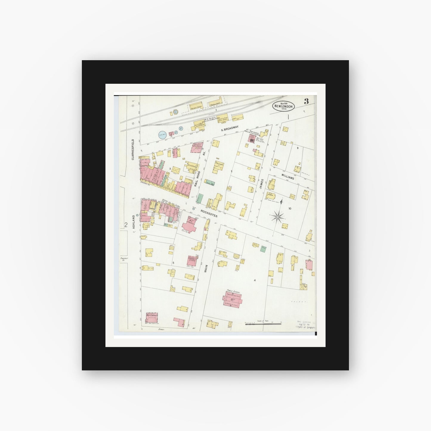Old map wall art mockup — black gallery frame with white mat — Sanborn Fire Insurance Map from New London, Huron County, Ohio (1899), Sheet #0003