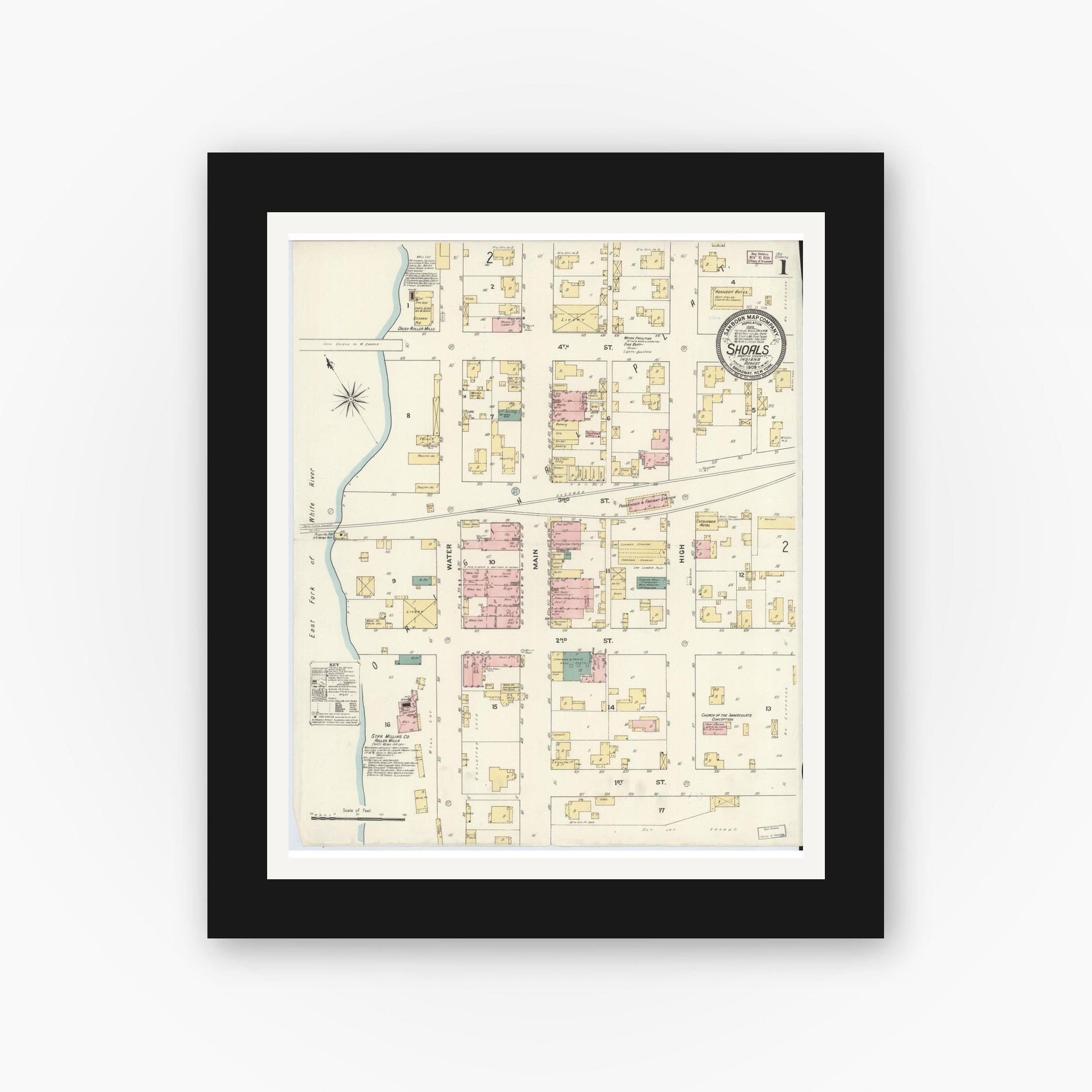 Old map wall art mockup — black gallery frame with white mat — Sanborn Fire Insurance Map from Shoals, Martin County, Indiana (1909) - Complete Map Set