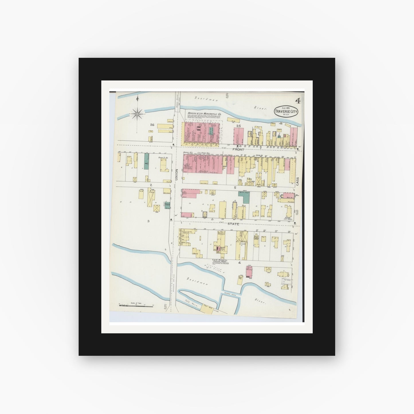 Old map wall art mockup — black gallery frame with white mat — Sanborn Fire Insurance Map from Traverse City, Grand Traverse County, Michigan (1893), Sheet #0004
