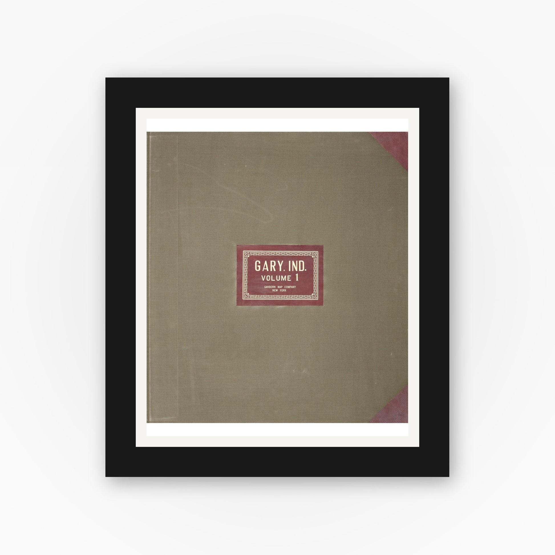 Old map wall art mockup — black gallery frame with white mat — Sanborn Fire Insurance Map from Gary, Lake County, Indiana (1951), Sheet #0001