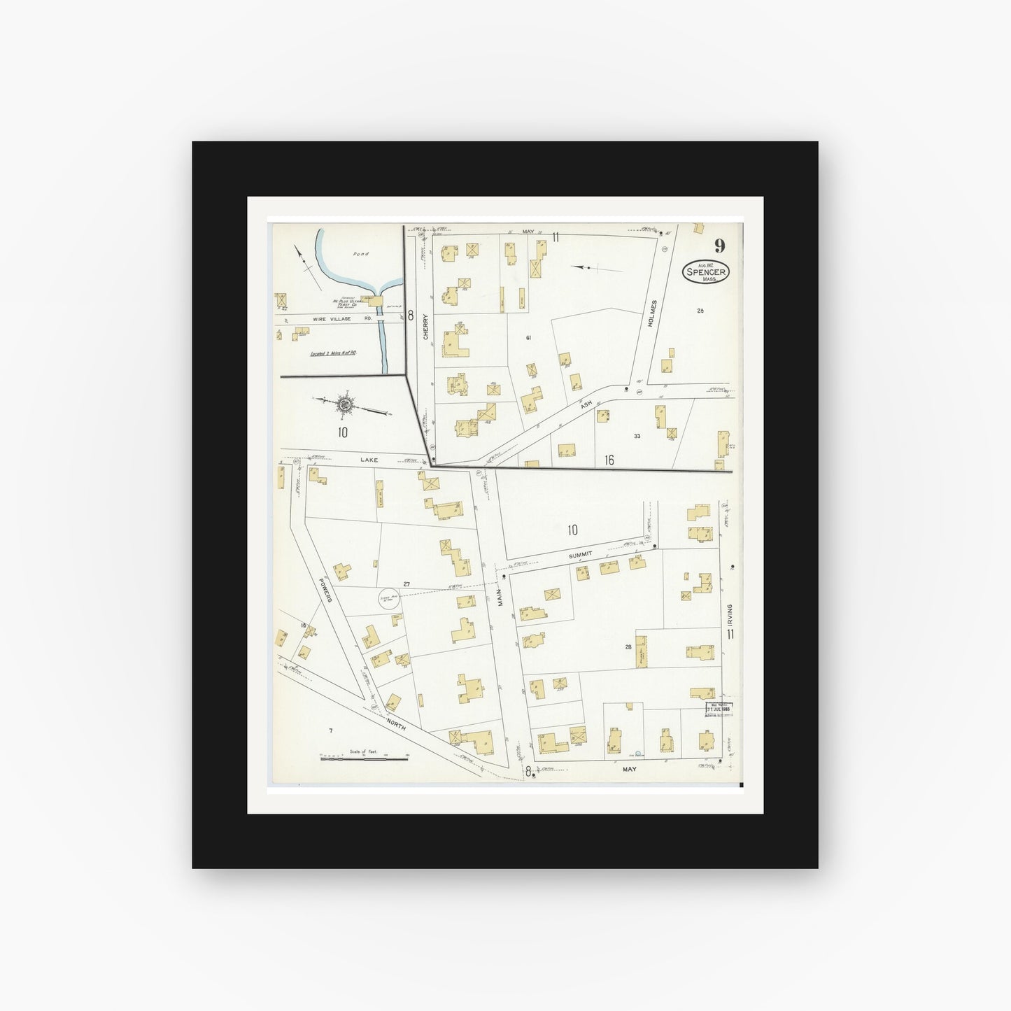 Old map wall art mockup — black gallery frame with white mat — Sanborn Fire Insurance Map from Spencer, Worcester County, Massachusetts (1912), Sheet #0009