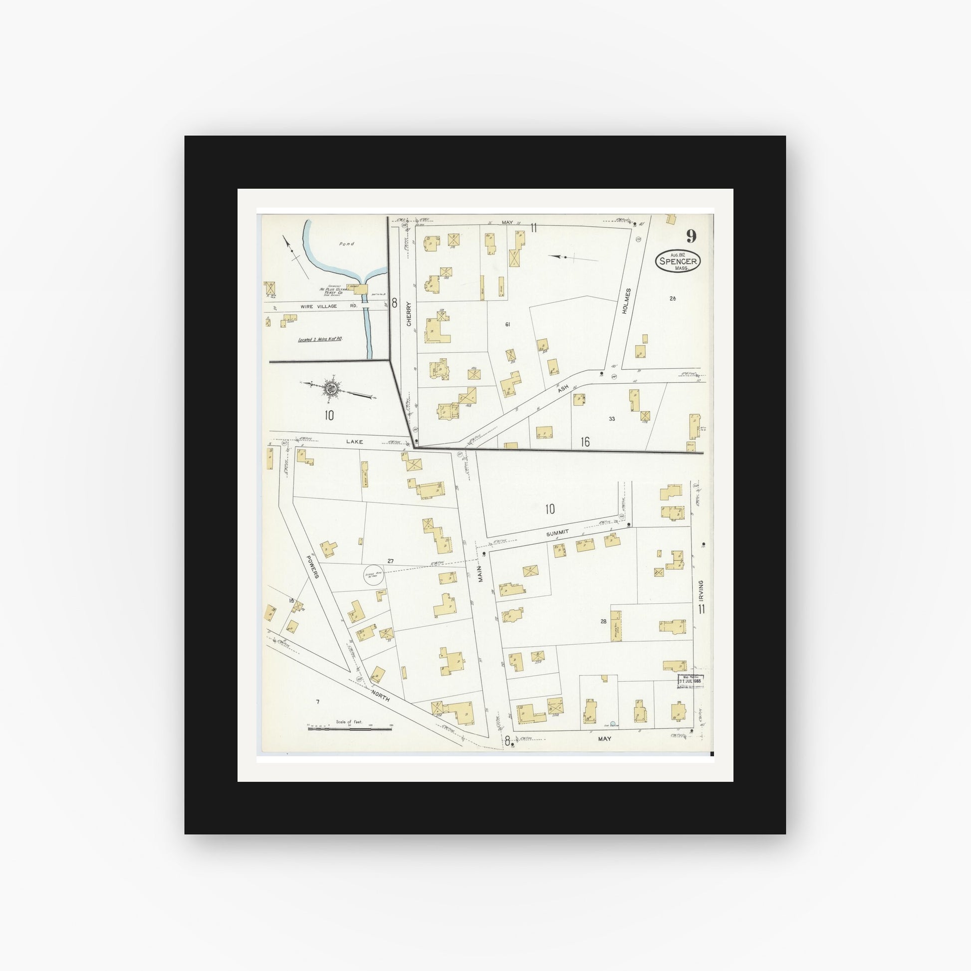 Old map wall art mockup — black gallery frame with white mat — Sanborn Fire Insurance Map from Spencer, Worcester County, Massachusetts (1912), Sheet #0009