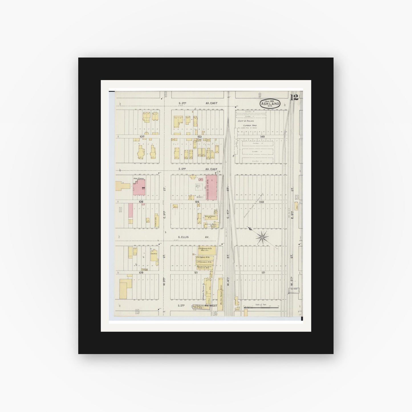 Old map wall art mockup — black gallery frame with white mat — Sanborn Fire Insurance Map from Ashland, Ashland County, Wisconsin (1895), Sheet #0012