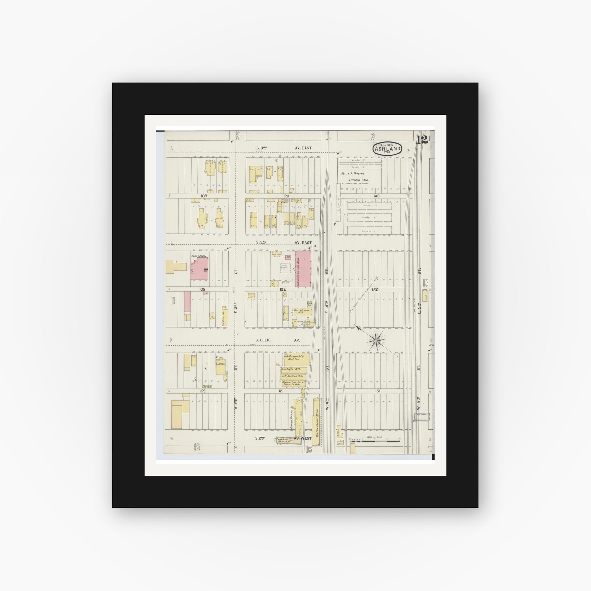 Old map wall art mockup — black gallery frame with white mat — Sanborn Fire Insurance Map from Ashland, Ashland County, Wisconsin (1895), Sheet #0012