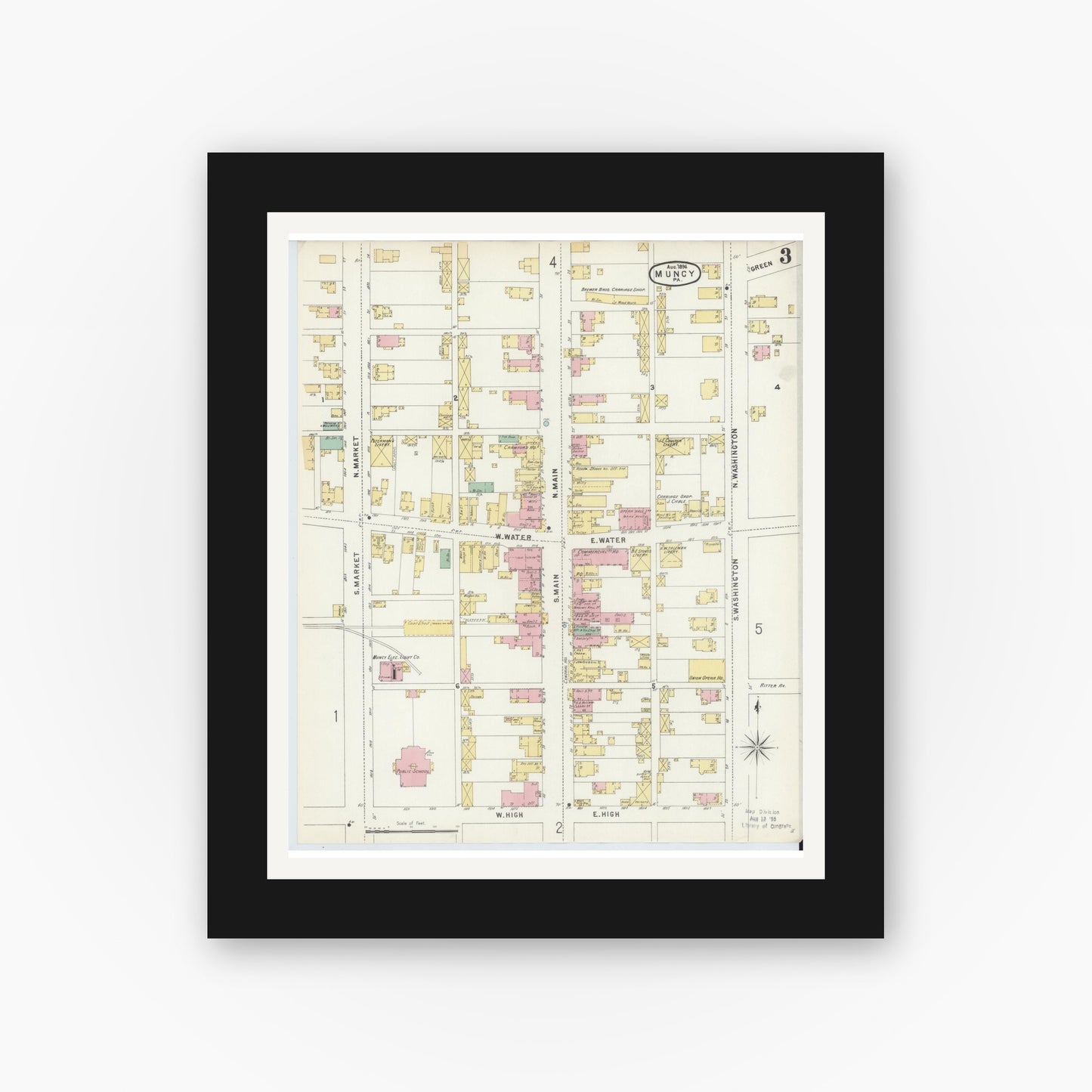 Old map wall art mockup — black gallery frame with white mat — Sanborn Fire Insurance Map from Muncy, Lycoming County, Pennsylvania (1896), Sheet #0003
