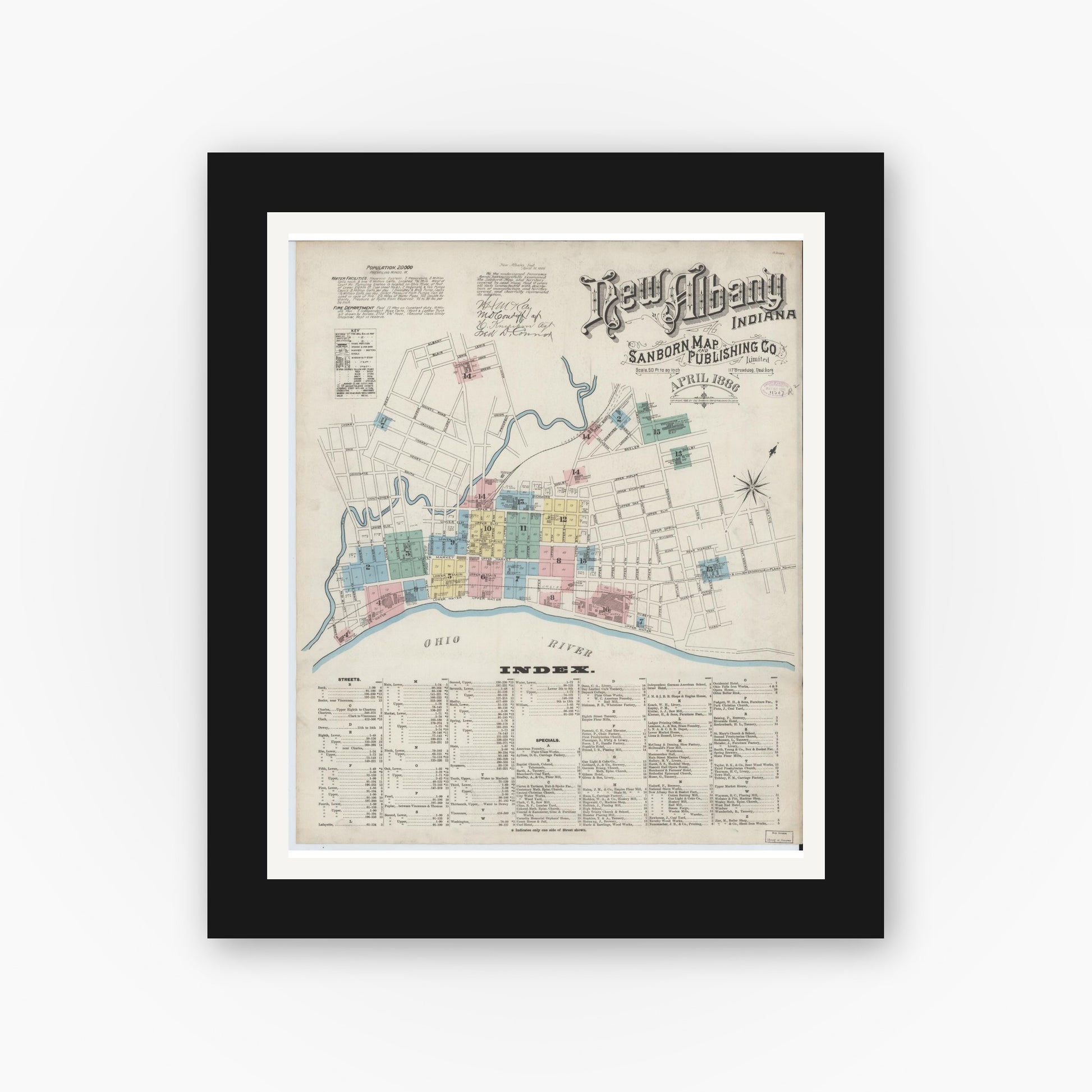 Old map wall art mockup — black gallery frame with white mat — Sanborn Fire Insurance Map from New Albany, Floyd County, Indiana (1886) - Complete Map Set