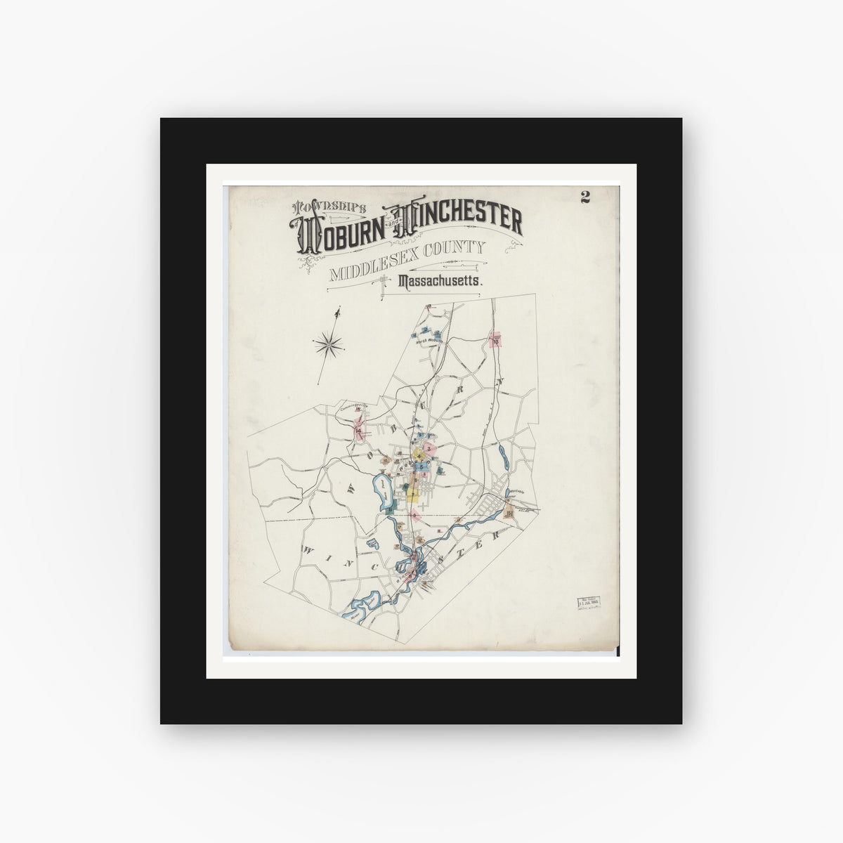 Old map wall art mockup — black gallery frame with white mat — Sanborn Fire Insurance Map from Woburn, Middlesex County, Massachusetts (1888), Sheet #0002