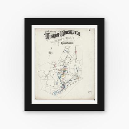 Old map wall art mockup — black gallery frame with white mat — Sanborn Fire Insurance Map from Woburn, Middlesex County, Massachusetts (1888), Sheet #0002