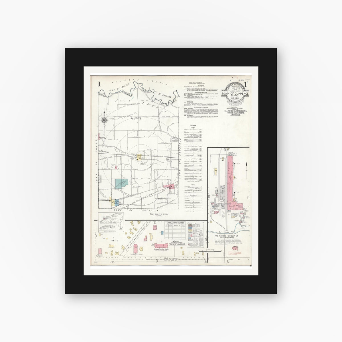 Old map wall art mockup — black gallery frame with white mat — Sanborn Fire Insurance Map from Clarence, Erie County, New York (1946), Sheet #0001