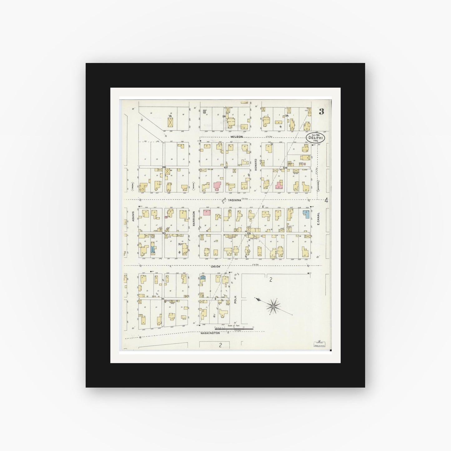 Old map wall art mockup — black gallery frame with white mat — Sanborn Fire Insurance Map from Delphi, Carroll County, Indiana (1906), Sheet #0003