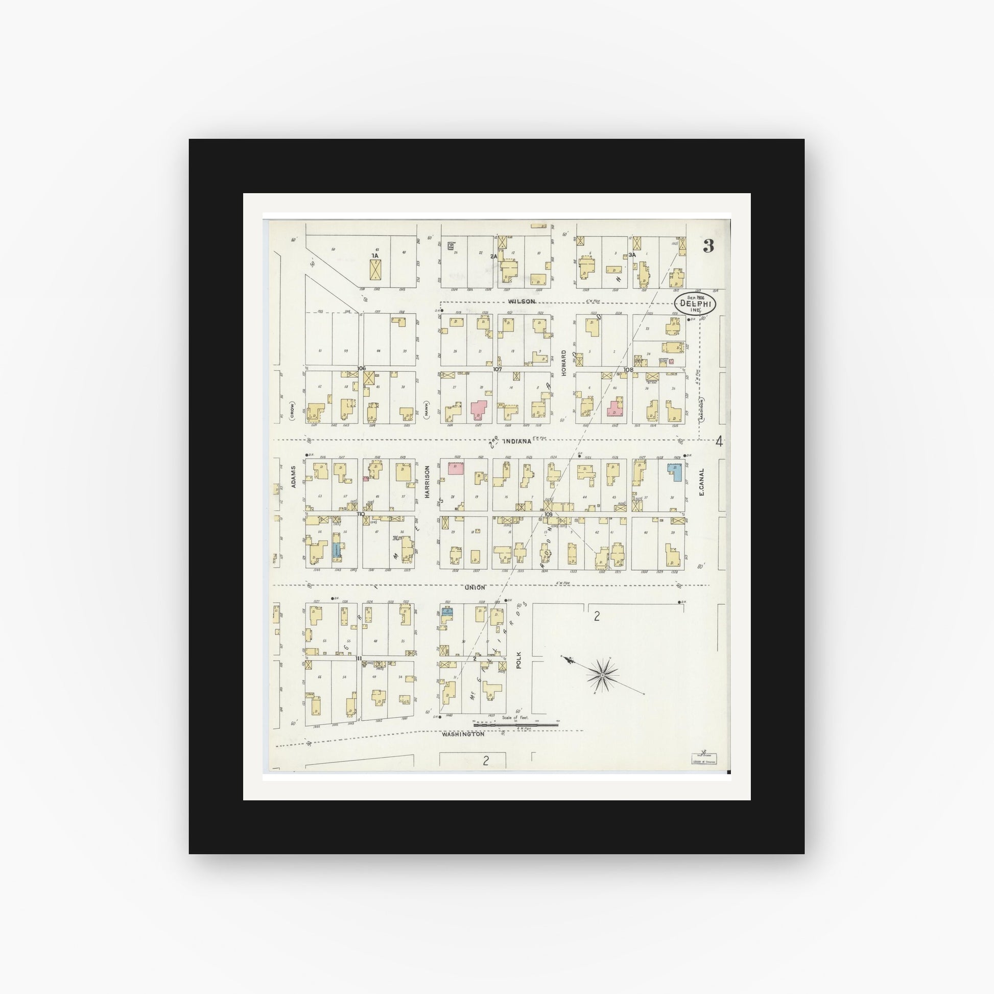 Old map wall art mockup — black gallery frame with white mat — Sanborn Fire Insurance Map from Delphi, Carroll County, Indiana (1906), Sheet #0003