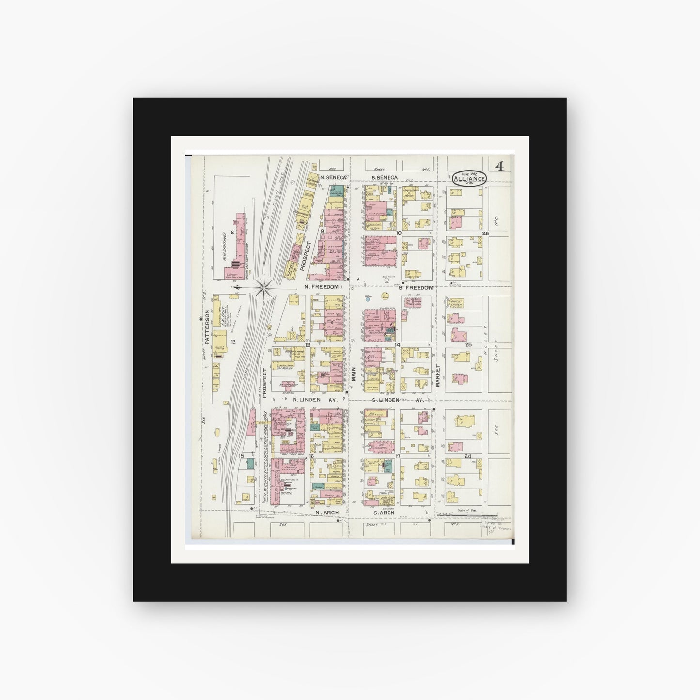 Old map wall art mockup — black gallery frame with white mat — Sanborn Fire Insurance Map from Alliance, Stark County, Ohio (1892), Sheet #0004