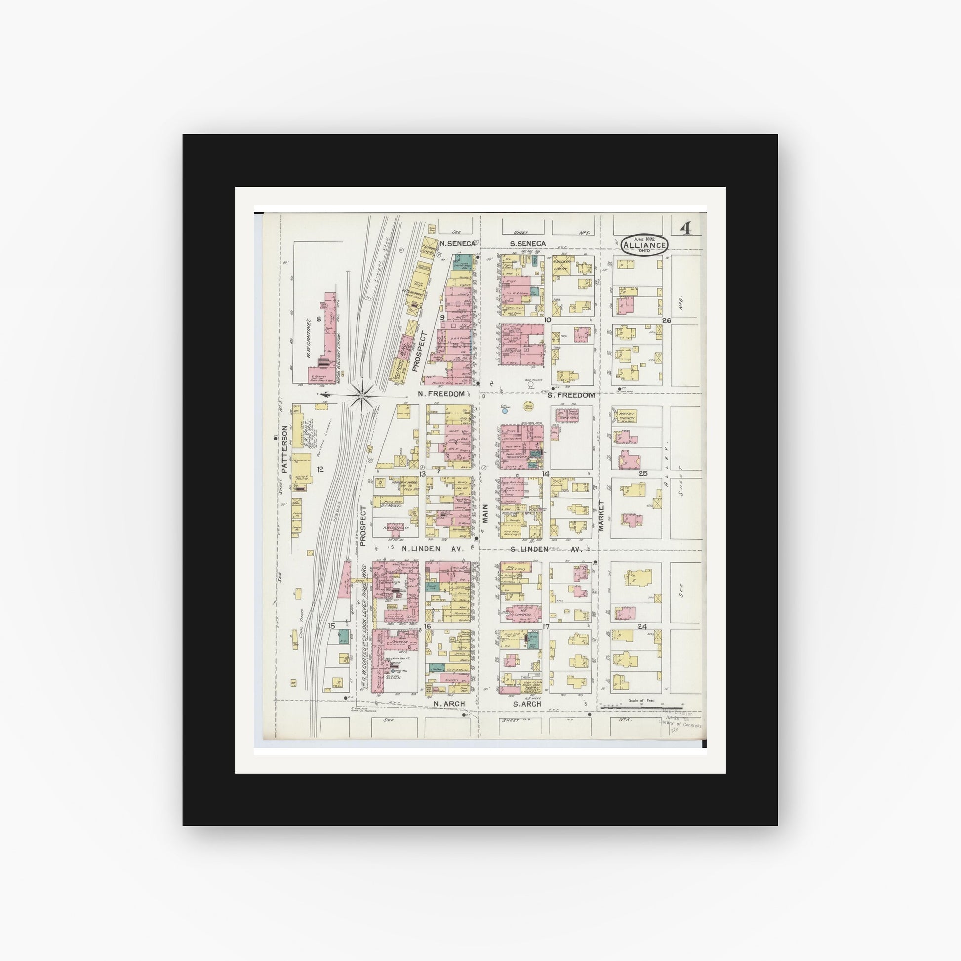 Old map wall art mockup — black gallery frame with white mat — Sanborn Fire Insurance Map from Alliance, Stark County, Ohio (1892), Sheet #0004