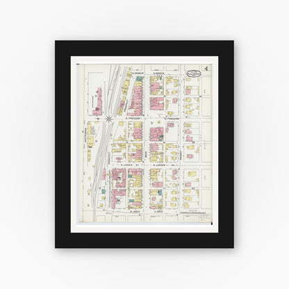 Old map wall art mockup — black gallery frame with white mat — Sanborn Fire Insurance Map from Alliance, Stark County, Ohio (1892), Sheet #0004