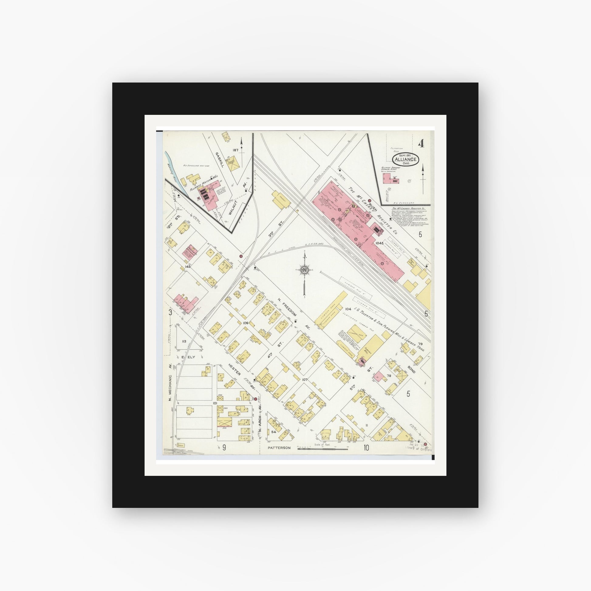 Old map wall art mockup — black gallery frame with white mat — Sanborn Fire Insurance Map from Alliance, Stark County, Ohio (1911), Sheet #0004