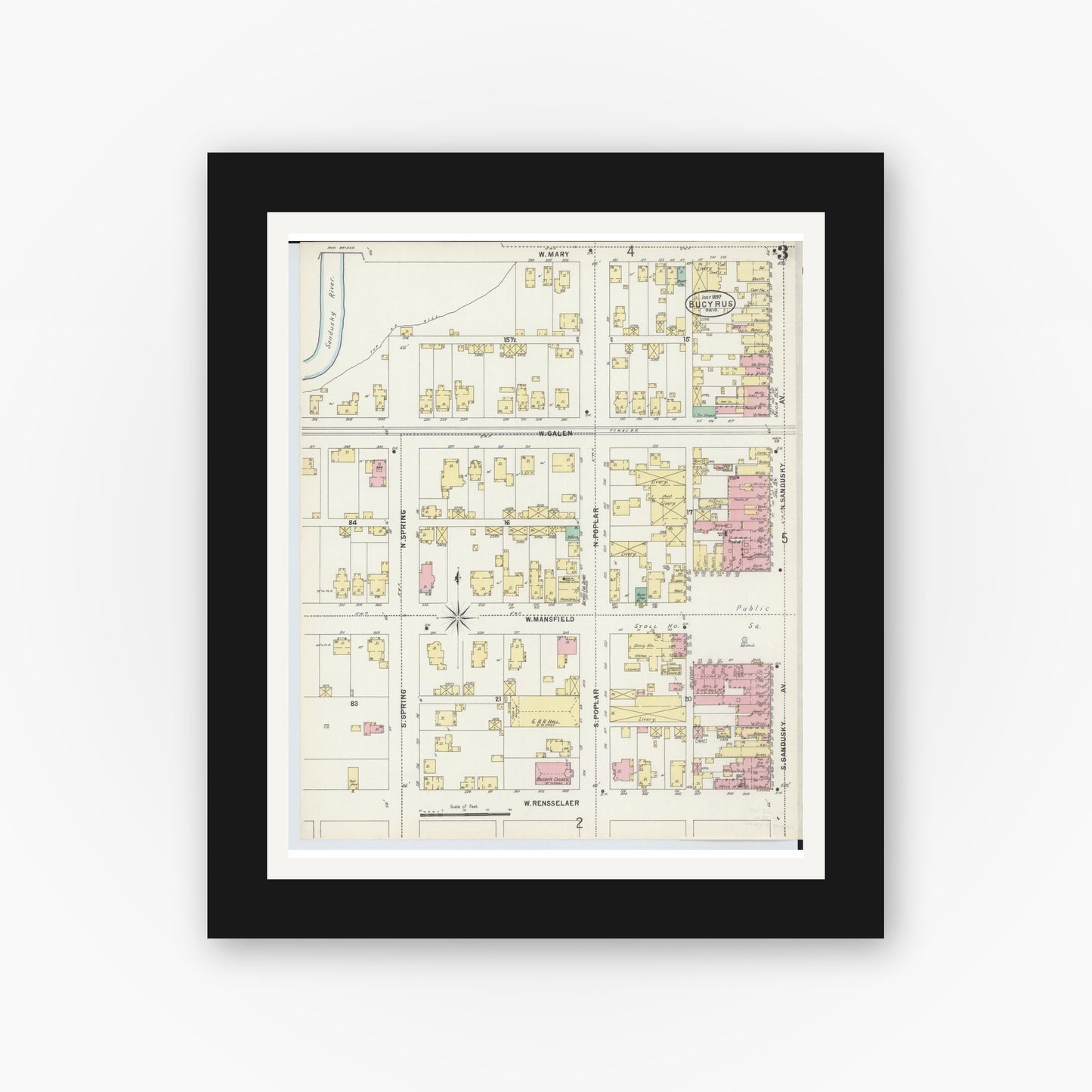 Old map wall art mockup — black gallery frame with white mat — Sanborn Fire Insurance Map from Bucyrus, Crawford County, Ohio (1897), Sheet #0003