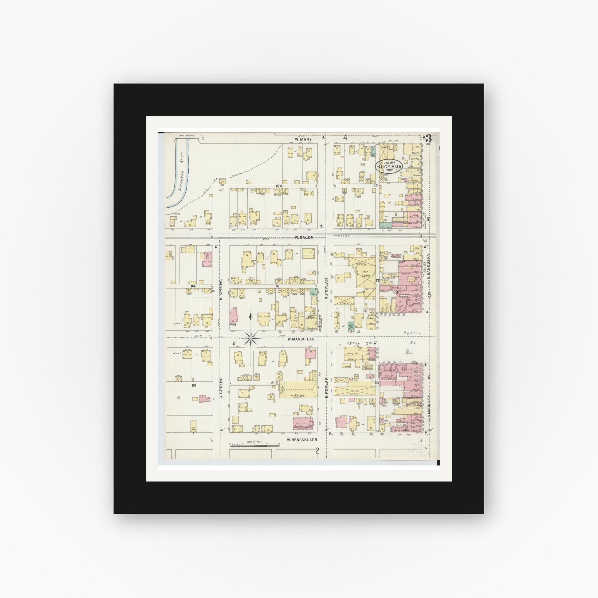 Old map wall art mockup — black gallery frame with white mat — Sanborn Fire Insurance Map from Bucyrus, Crawford County, Ohio (1897), Sheet #0003