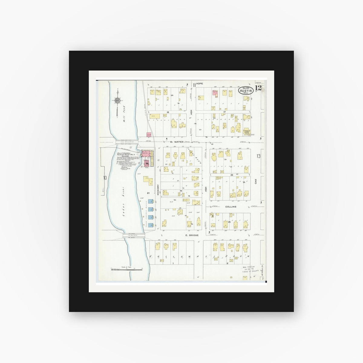 Old map wall art mockup — black gallery frame with white mat — Sanborn Fire Insurance Map from Austin, Mower County, Minnesota (1910), Sheet #0012