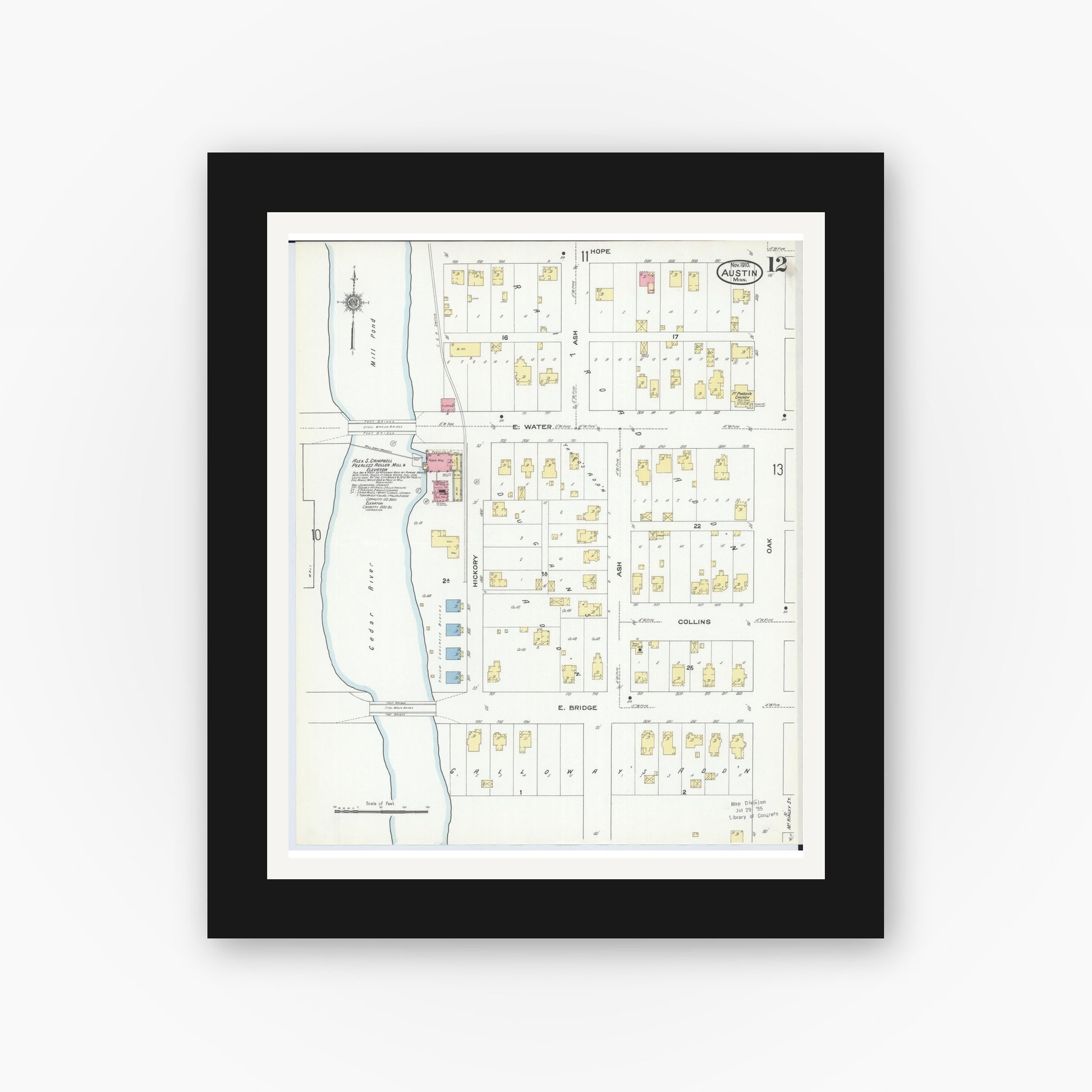 Old map wall art mockup — black gallery frame with white mat — Sanborn Fire Insurance Map from Austin, Mower County, Minnesota (1910), Sheet #0012