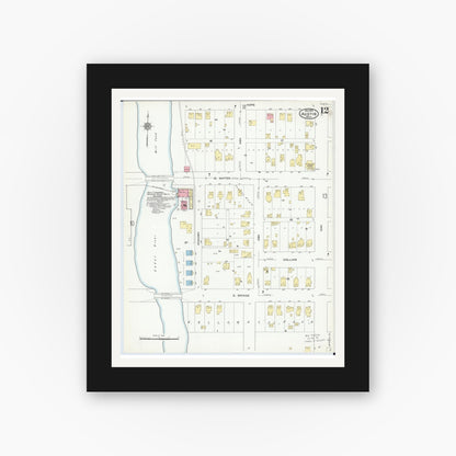 Old map wall art mockup — black gallery frame with white mat — Sanborn Fire Insurance Map from Austin, Mower County, Minnesota (1910), Sheet #0012