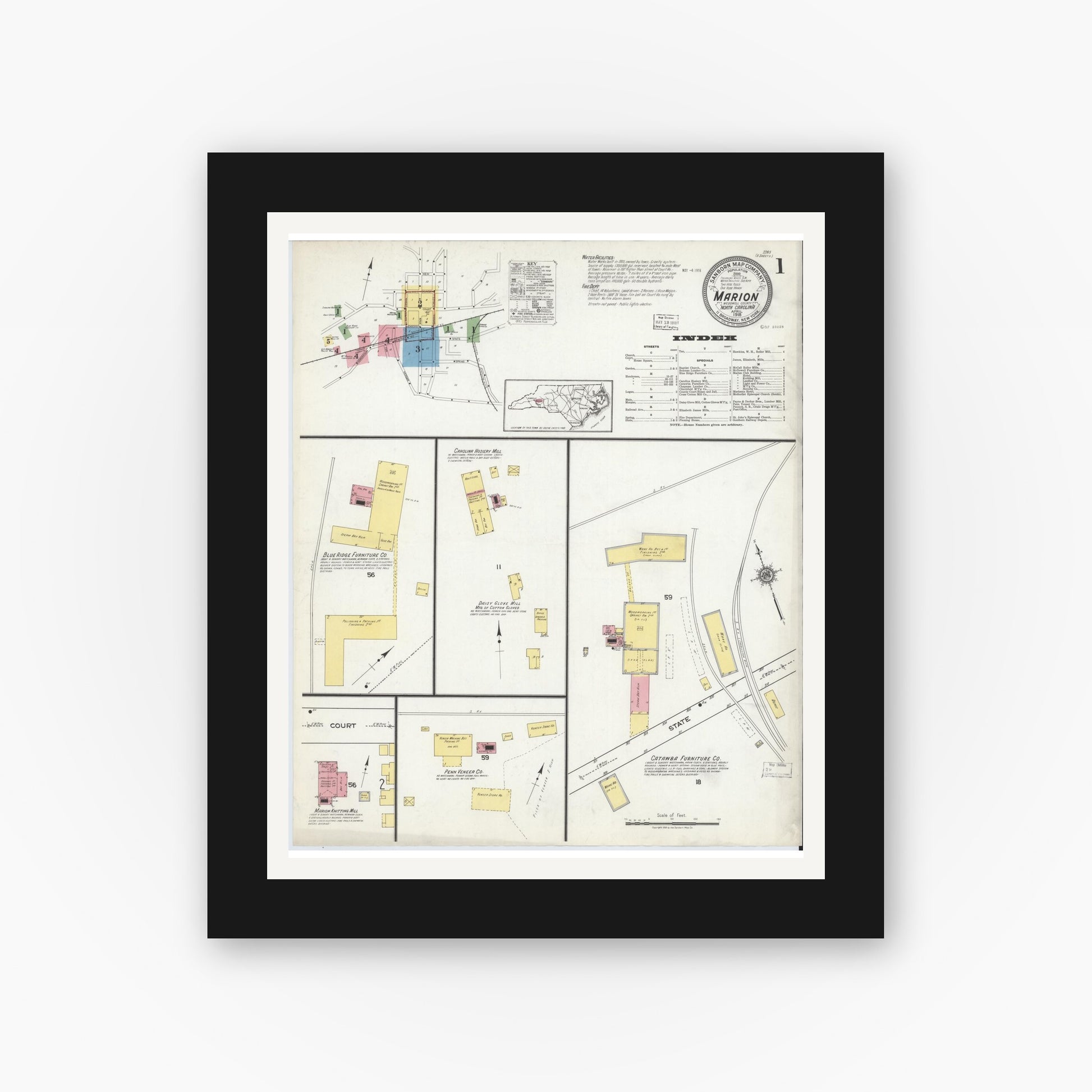Old map wall art mockup — black gallery frame with white mat — Sanborn Fire Insurance Map from Marion, Mcdowell County, North Carolina (1918), Sheet #0001