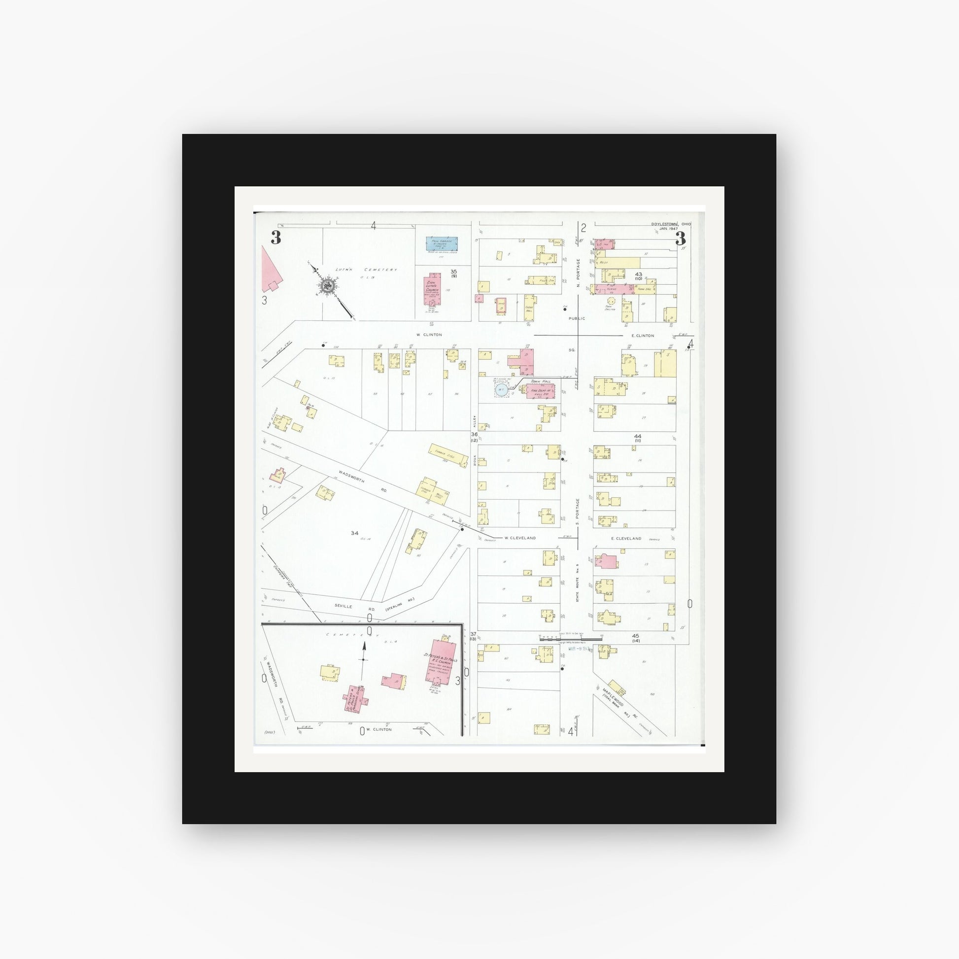 Old map wall art mockup — black gallery frame with white mat — Sanborn Fire Insurance Map from Doylestown, Wayne County, Ohio (1947), Sheet #0003
