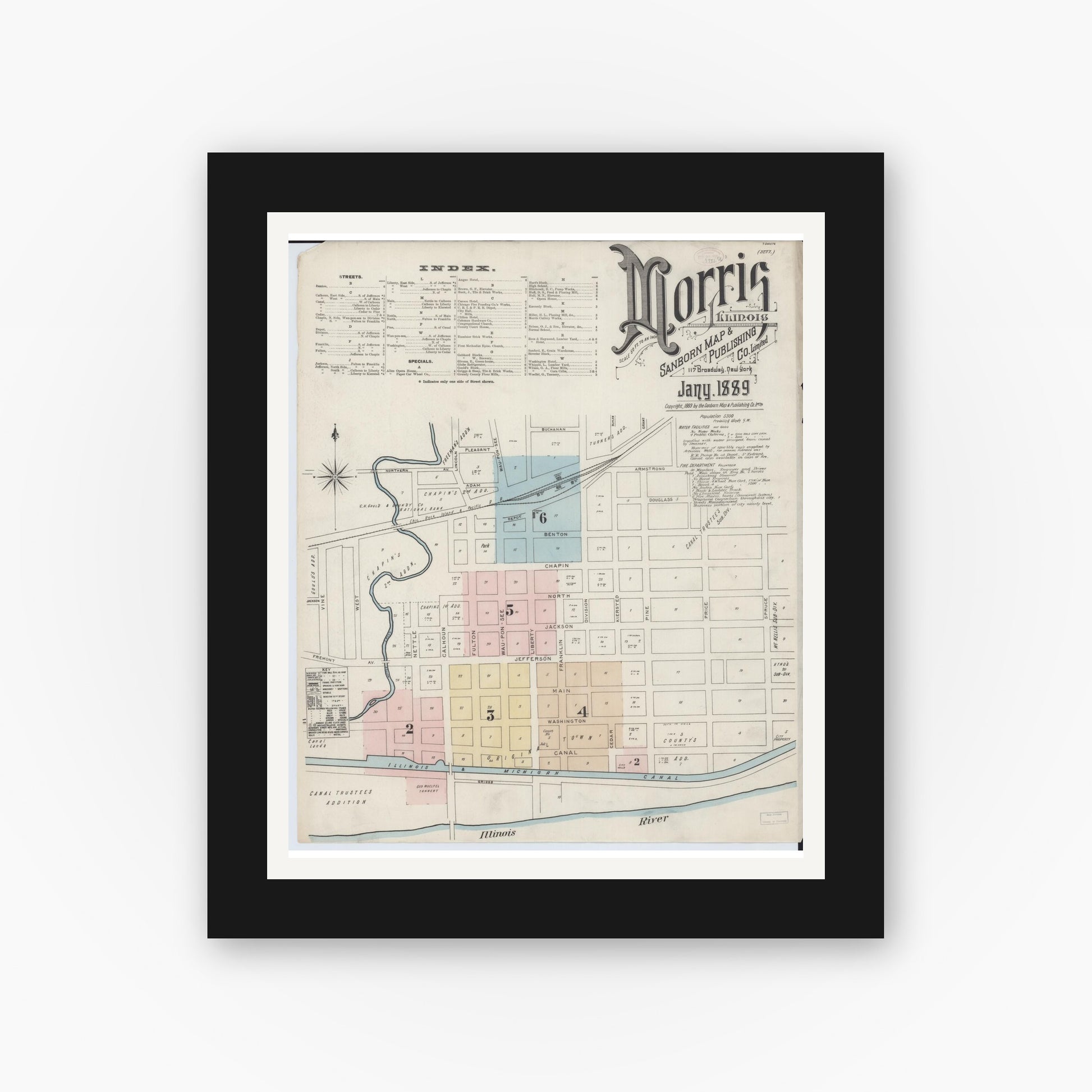 Old map wall art mockup — black gallery frame with white mat — Sanborn Fire Insurance Map from Morris, Grundy County, Illinois (1889) - Complete Map Set