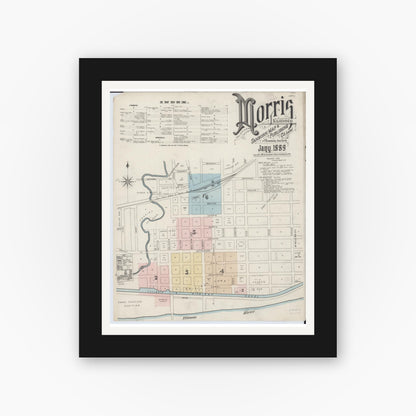 Old map wall art mockup — black gallery frame with white mat — Sanborn Fire Insurance Map from Morris, Grundy County, Illinois (1889) - Complete Map Set