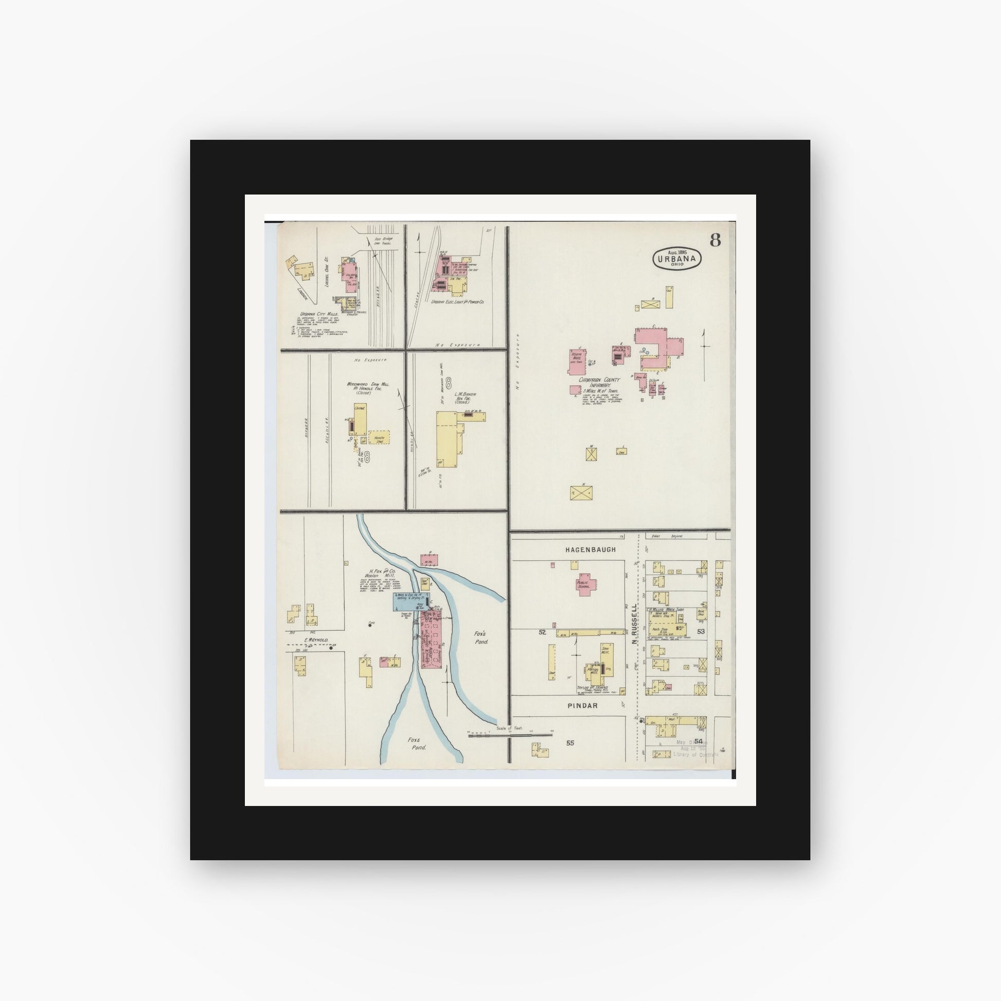 Old map wall art mockup — black gallery frame with white mat — Sanborn Fire Insurance Map from Urbana, Champaign County, Ohio (1895), Sheet #0008