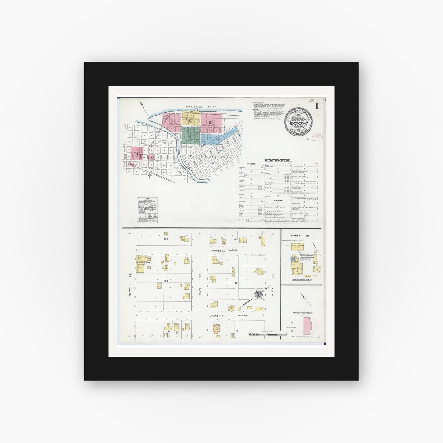Old map wall art mockup — black gallery frame with white mat — Sanborn Fire Insurance Map from Wabasha, Wabasha County, Minnesota (1910), Sheet #0001