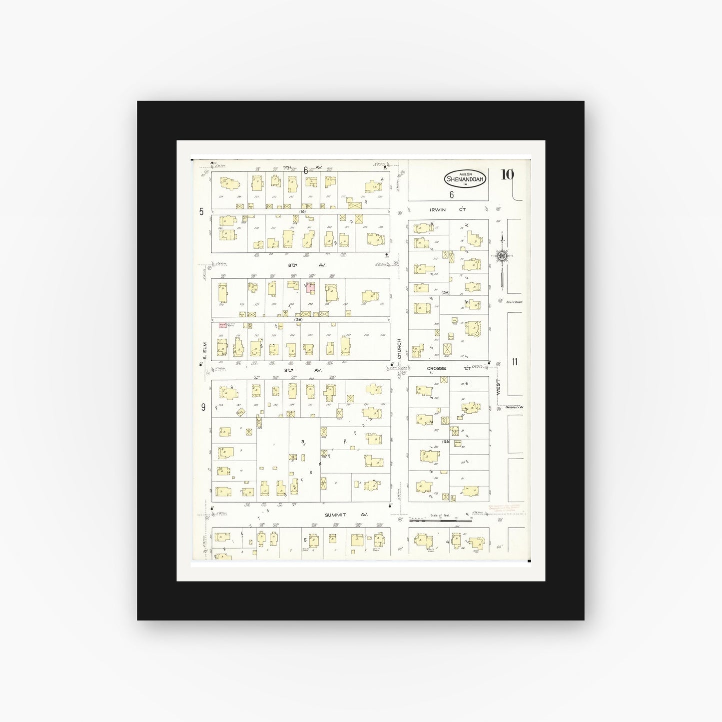 Old map wall art mockup — black gallery frame with white mat — Sanborn Fire Insurance Map from Shenandoah, Page County, Iowa (1914), Sheet #0010