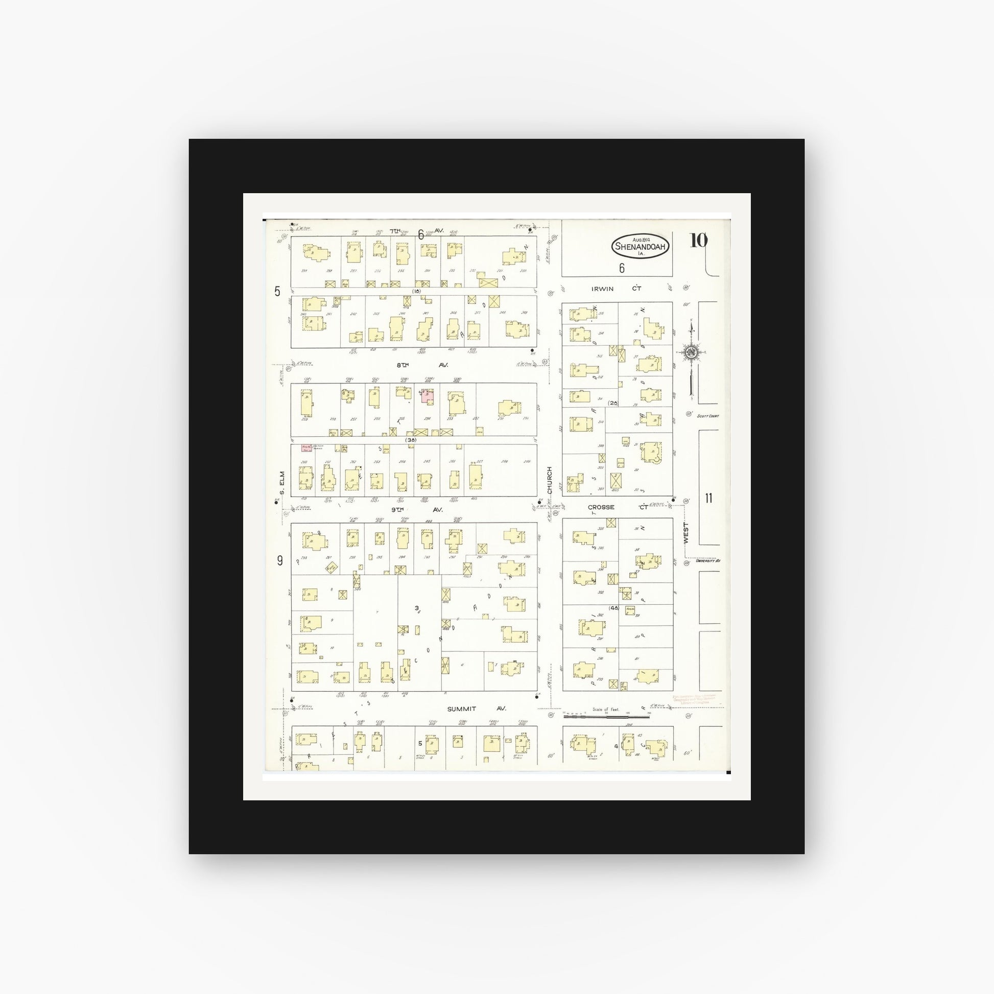 Old map wall art mockup — black gallery frame with white mat — Sanborn Fire Insurance Map from Shenandoah, Page County, Iowa (1914), Sheet #0010