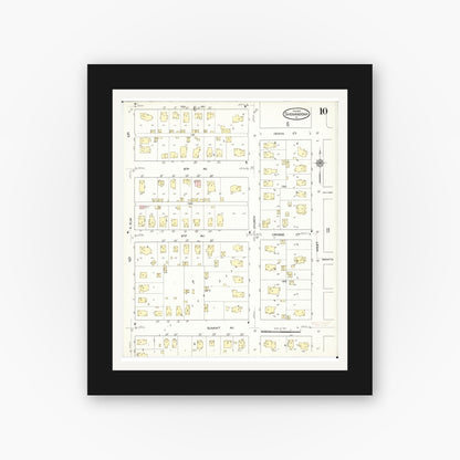 Old map wall art mockup — black gallery frame with white mat — Sanborn Fire Insurance Map from Shenandoah, Page County, Iowa (1914), Sheet #0010