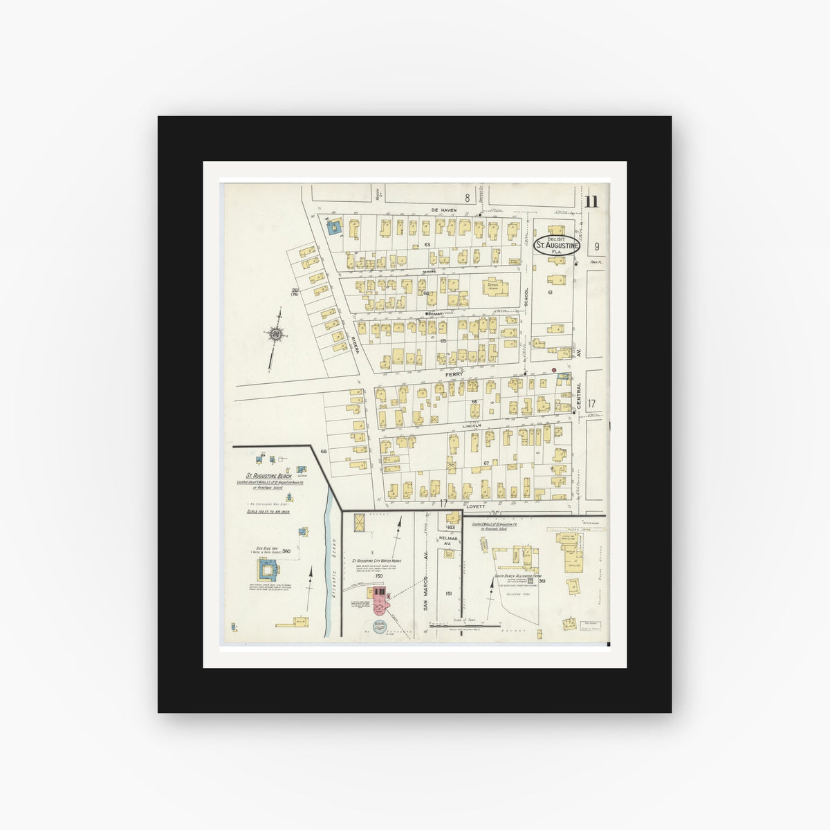 Old map wall art mockup — black gallery frame with white mat — Sanborn Fire Insurance Map from Saint Augustine, Saint John's County, Florida (1917), Sheet #0011