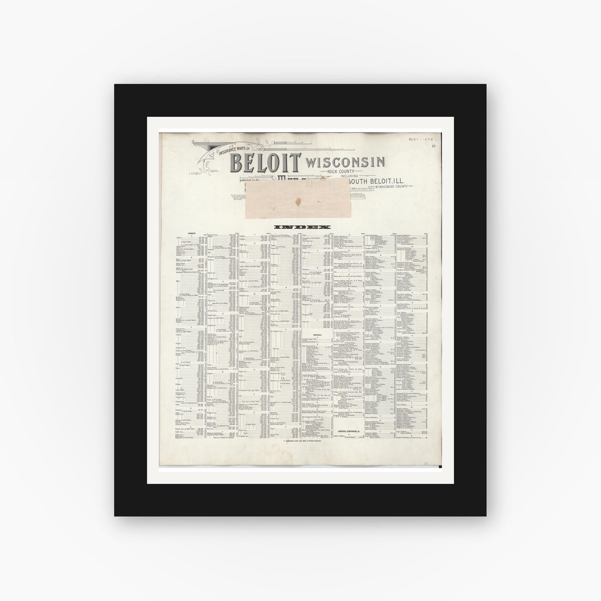Old map wall art mockup — black gallery frame with white mat — Sanborn Fire Insurance Map from Beloit, Rock County, Wisconsin (1950), Sheet #0001